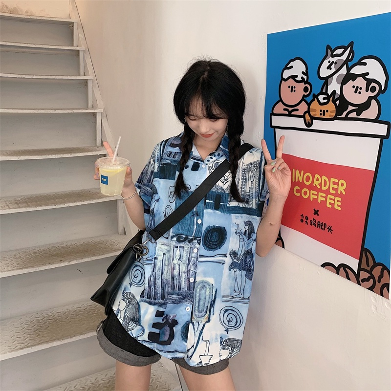 Áo sơ mi SUXI tay ngắn dáng rộng in họa tiết phong cách cổ điển cho nữ