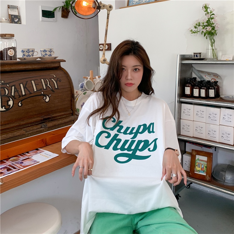 Áo thun SUXI tay ngắn cổ tròn dáng rộng in chữ thời trang mùa hè cho nữ