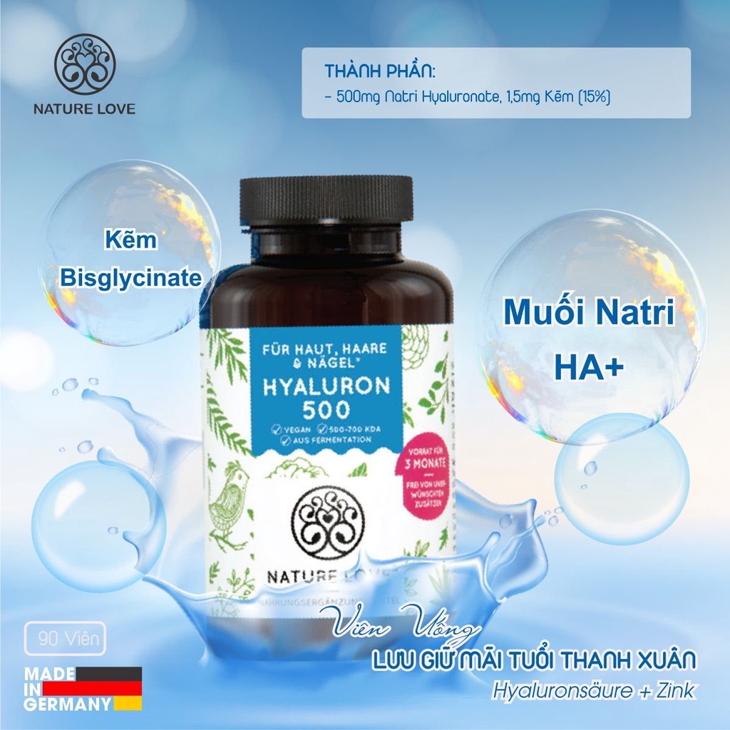 Acid Hyaluronic hàm lượng cao nhất thị trường giúp cấp nước/cấp ẩm #NatureLove Hyaluron 500 90v
