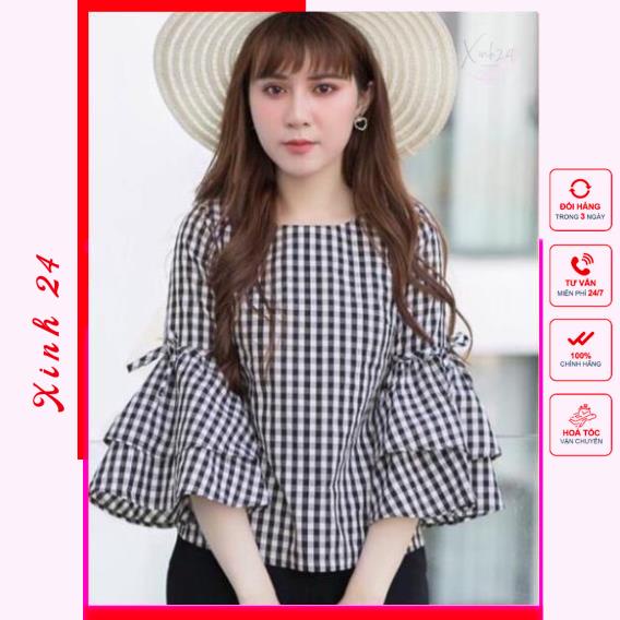 Áo sơ mi nữ, áo kiểu nữ sọc caro tay loe phong cách Hàn Quốc, hàng thiết kế chuẩn Form