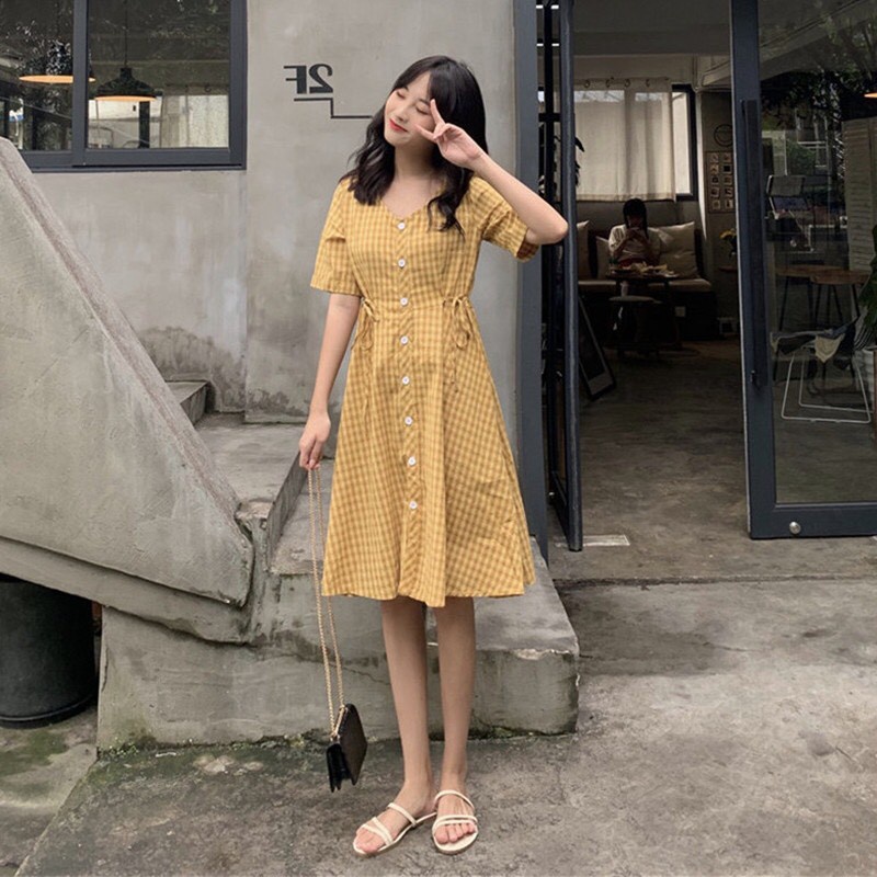 SET VÁY ĐÔI - VÁY KẺ CÚC CÀI BUỘC NƠ EO XANH VÀNG - VÁY CARO DÚM NGỰC NƠ SAU VÀNG XANH ULLZANG