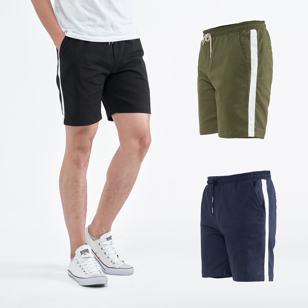 Quần Short Nam ROUGH Phối Kẻ Trắng Hàn Quốc, Chất Kaki Co Giãn - Hàng nhập khẩu