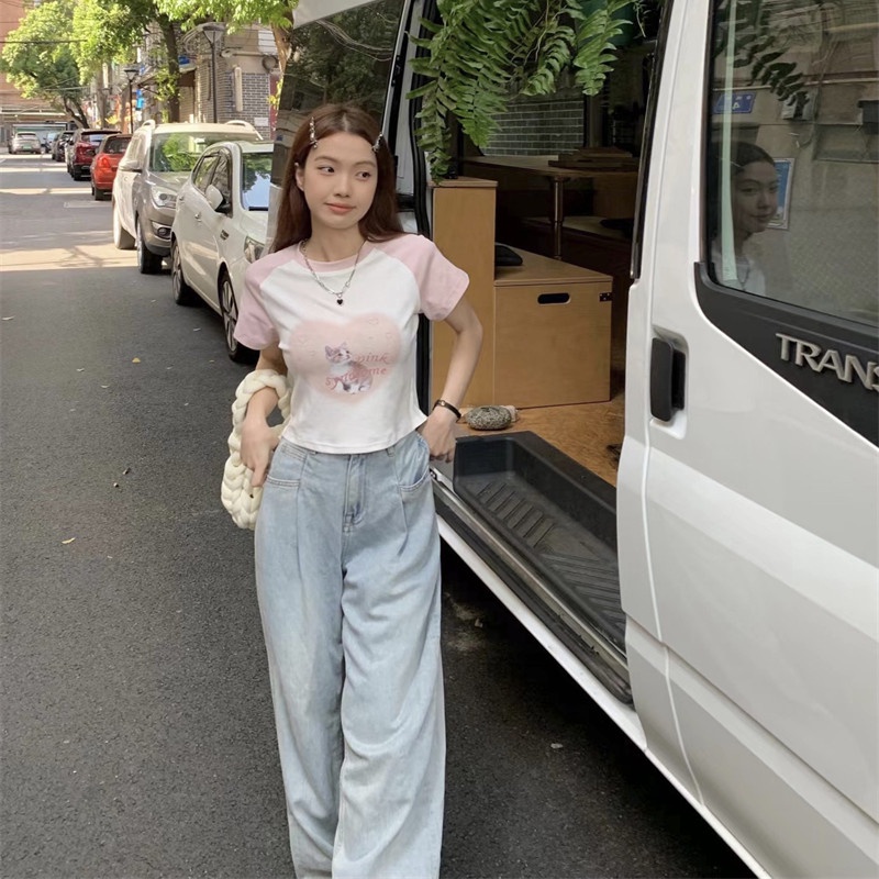 Áo Thun Ngắn Tay Dáng Ôm In Hình Hoạt Hình Giản Dị