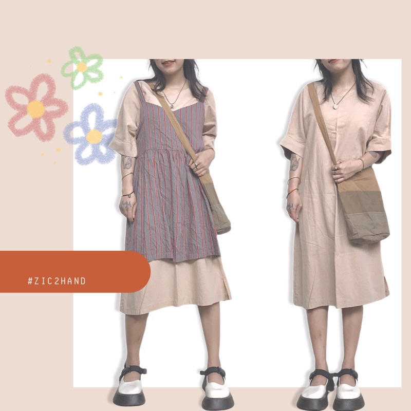 SET 2hand Đầm sơmi be + Yếm kẻ [Style Vintage]