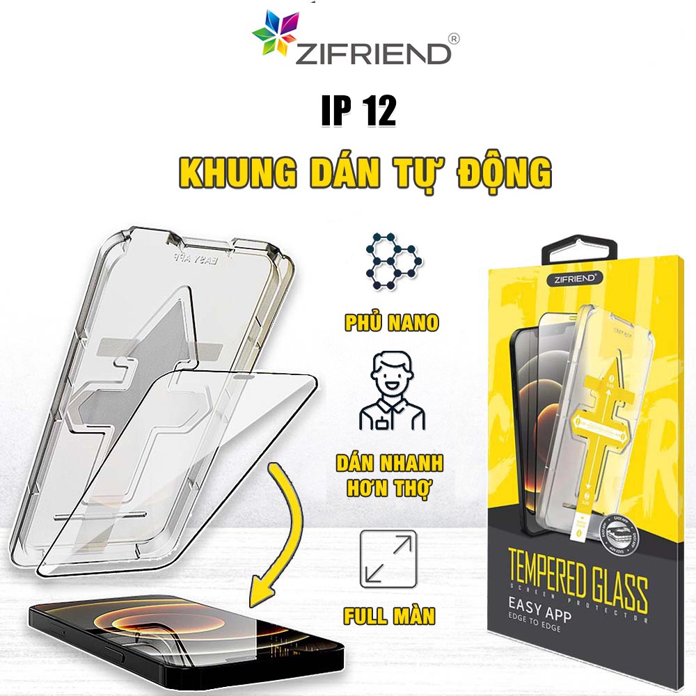Kính cường lực Iphone 12 chính hãng ZIFRIEND khung dán tự động full màn hình cho dán màn hình Iphone 12