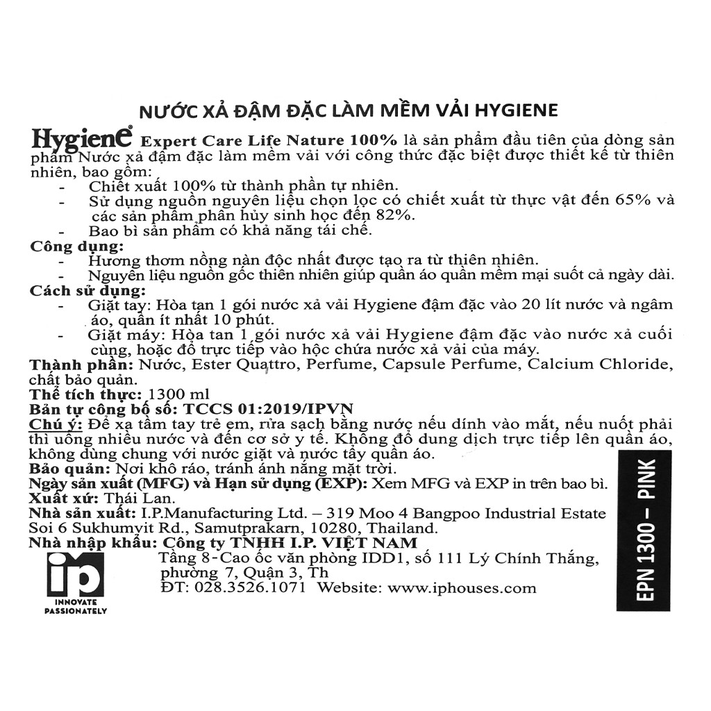 Nước Xả Vải Đậm Đặc Hygiene Thái Lan 1.3L Có Vòi