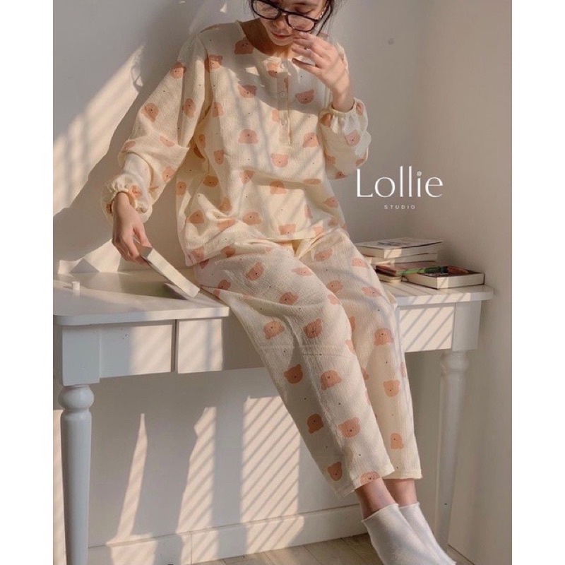 Đồ Bộ Mặc Nhà, Pijama Tay Dài Chất Liệu Xốp Đũi Hàn Xinh Xắn Freesizei