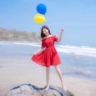 Váy đỏ chun eo dáng xòe cộc tay Vintage Hàn Quốc