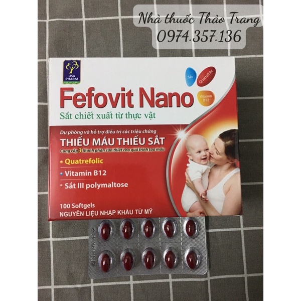 Viên bổ sung sắt Fefovit Nano cho trường hợp thiếu máu, thiếu sắt. Hộp 100 viên