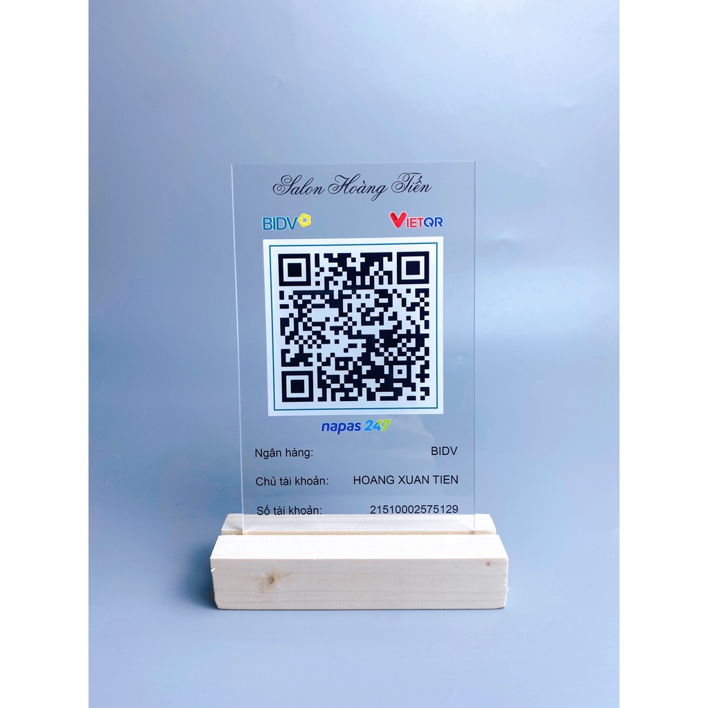 Bảng thông tin tài khoản ngân hàng Thegioipuzzle Tên shop, mã QR thanh toán đế gỗ thiết kế theo yêu cầu