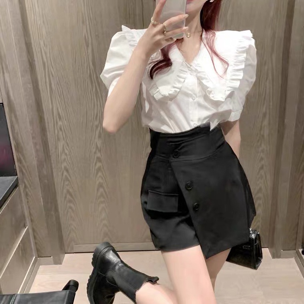 Áo sơ mi kiểu nữ màu trắng, Áo sơ mi cổ bèo tay phồng tiểu thư Ulzzang hàng loại 1 hàng Quảng Châu cao cấp