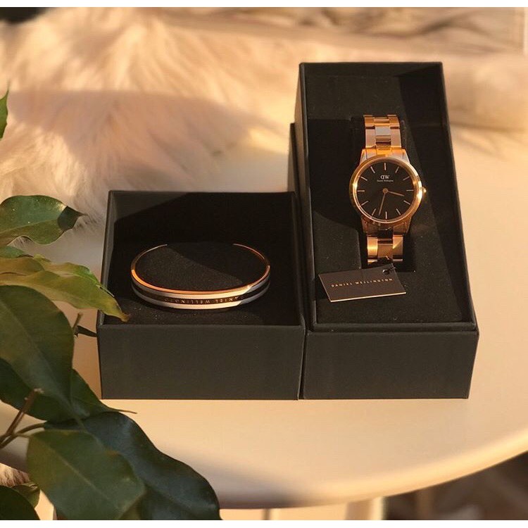 Đồng hồ NAM NỮ D,.W Dây Iconic Dây Vàng hồng - Mặt đen - Đủ Size 28mm 32mm 36mm