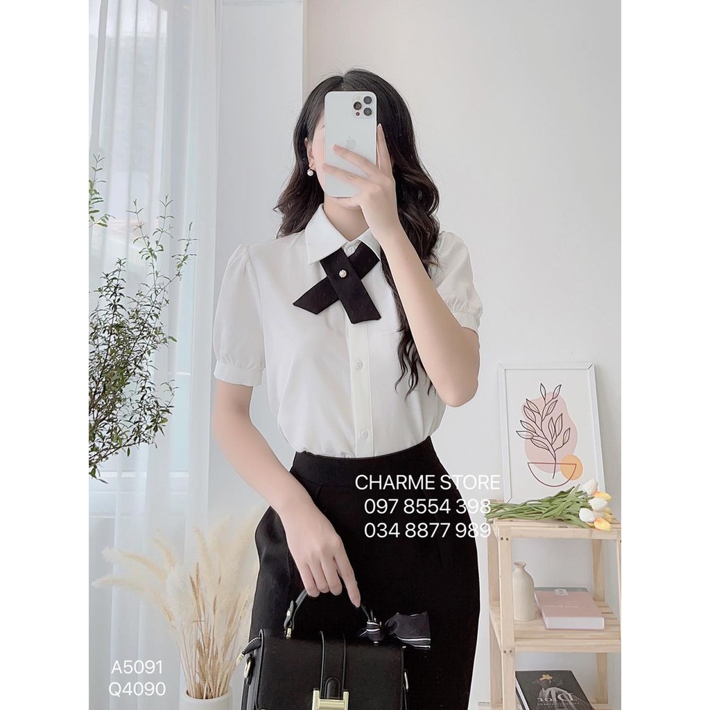 Áo nữ Charme sơ mi cộc tay kèm vạt đen 5091