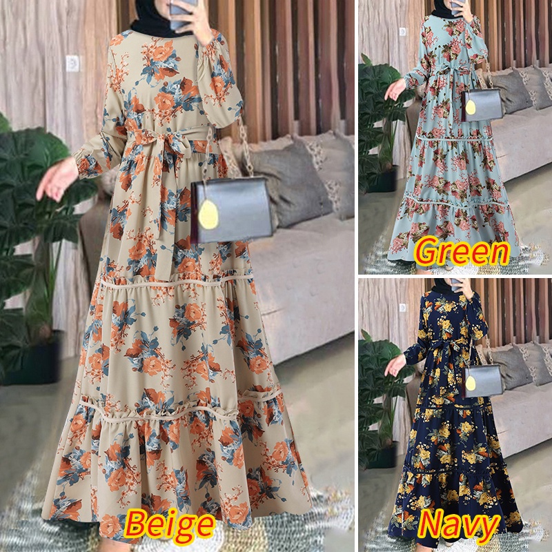 Đầm Hồi Giáo ZANZEA dáng dài cổ tròn dài tay xếp tầng in hoa phong cách vintage cho nữ