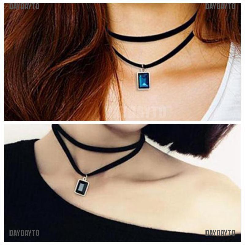 Vòng choker phong cách gothic retro bằng vải nhung màu đen mặt đính đá pha lê [DAYDAYTO]