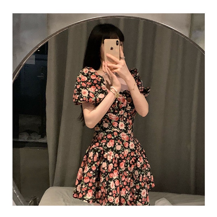 Đầm Tay Phồng Cổ Vuông Sọc Ca Rô Họa Tiết Hoa Thời Trang Xinh Xắn Cho Nữ 2022