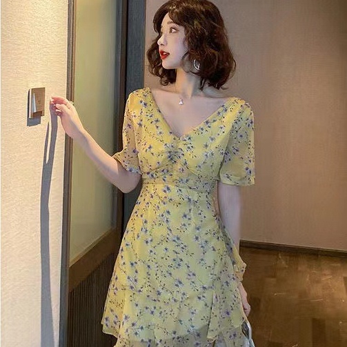 Đầm Perty họa tiết hoa cổ chữ V thời trang phong cách Hàn Quốc gợi cảm cho nữ