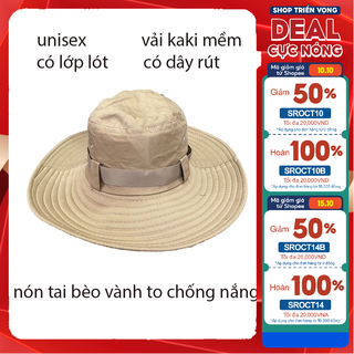 Nón vành lao động , nón tai bèo , mũ nam che nắng, nón tai bèo cho nam, nón vành to vải kaki mềm có lót trong, dây rút
