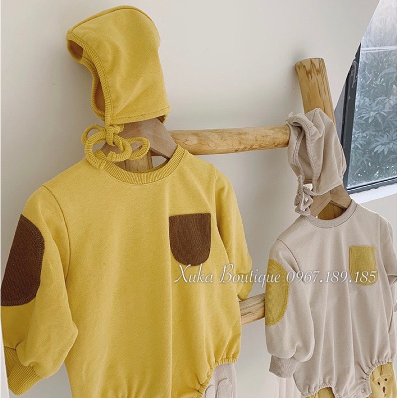 Quần Áo Sơ Sinh | Set Bodysuit Nỉ Thu Đông Kèm Mũ và Quần liền bàn Quảng Châu Cao Cấp Cho Bé Trai Bé Gái Hãng GALAKOKO
