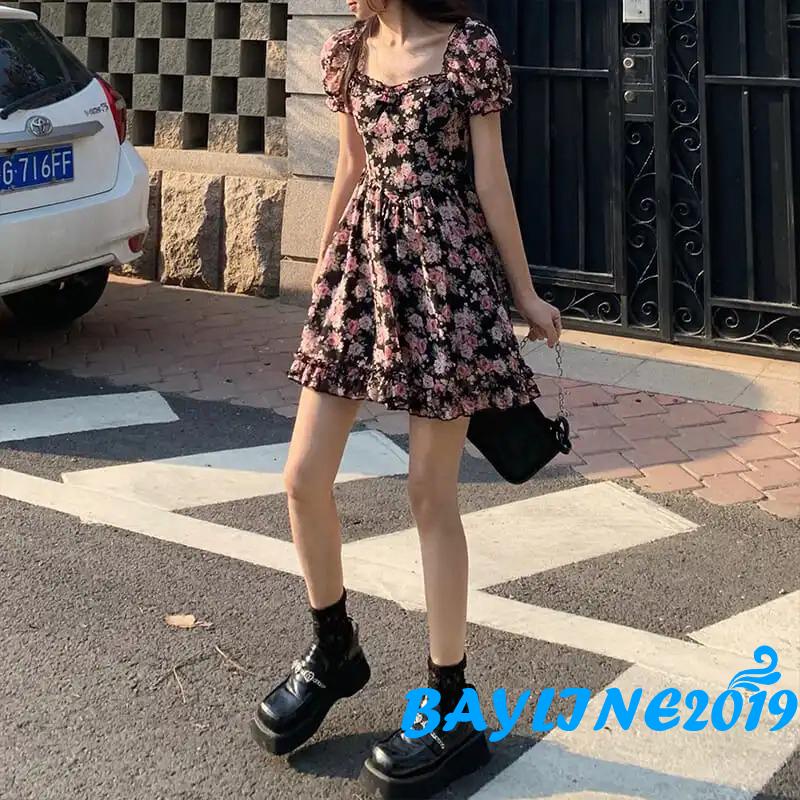 Đầm chữ A tay ngắn cổ vuông lưng cao thời trang mùa hè dành cho nữ