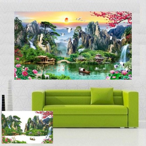 Tranh Thêu Chữ Thập Phong Cảnh 3D Lưu Thủy Sinh Tài KT:160x75cm-200-90cm
