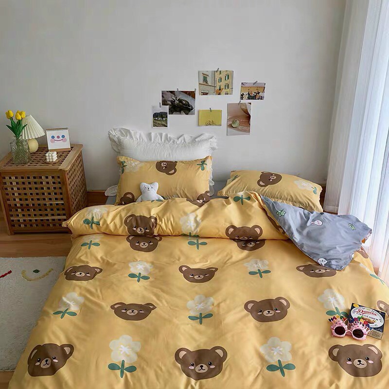 Bộ chăn ga gối drap giường chất cotton poly họa tiết gấu nâu kem