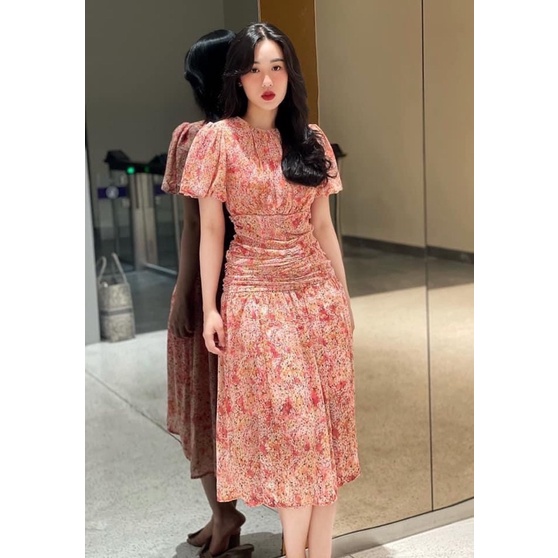 VÁY DÚM EO TAY BỒNG HOA NHÍ HỒNG vintage xếp ly dáng dài cổ tròn sang chảnh tiểu thư
