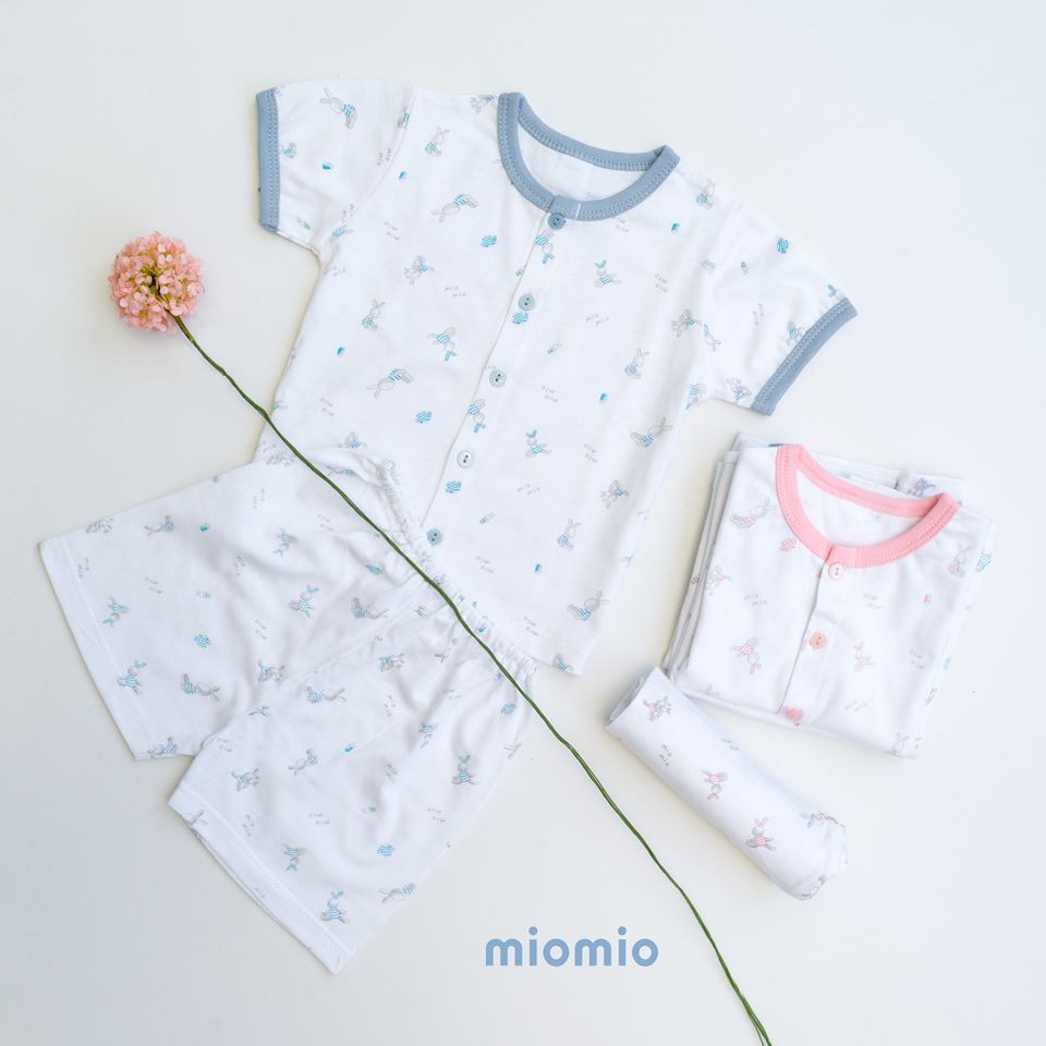 Bộ quần áo Miomio ngắn tay cài giữa họa tiết Thỏ 100% cotton mỏng mát