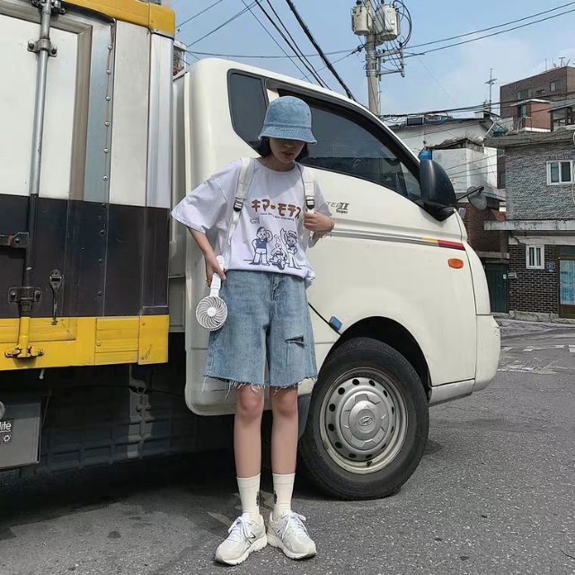 Quần short jeans lửng ngố cạp cao rách xé ulzzang kèm ảnh thật