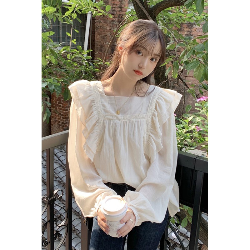 Áo sơ mi nữ voan tay phồng phối bèo vai cánh tiên điệu đà vintage Hàn Quốc