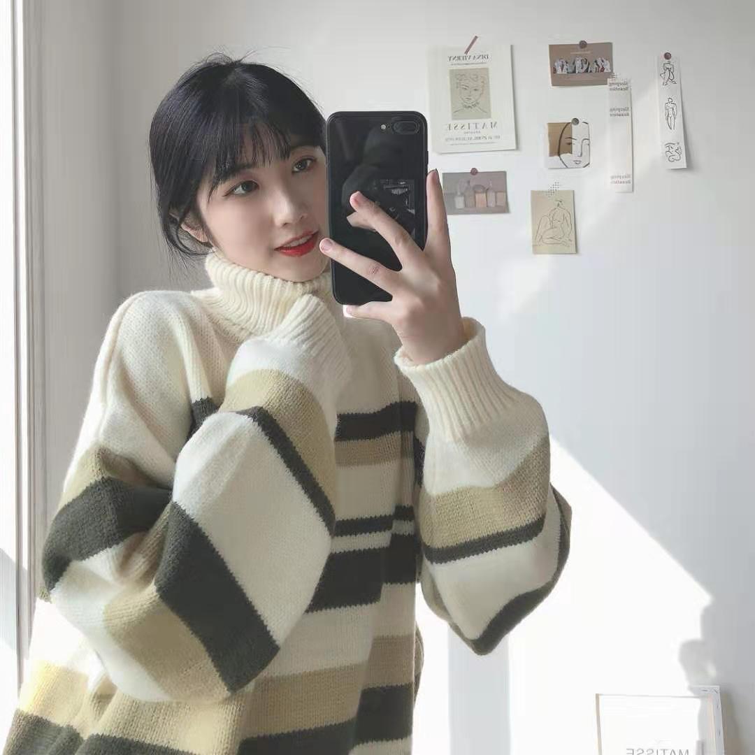 🌸Áo Sweater dáng dài thời trang trẻ trung🌸Áo Sweater dáng rộng cổ lọ kẻ sọc thời trang thu đông cho nữ | BigBuy360 - bigbuy360.vn