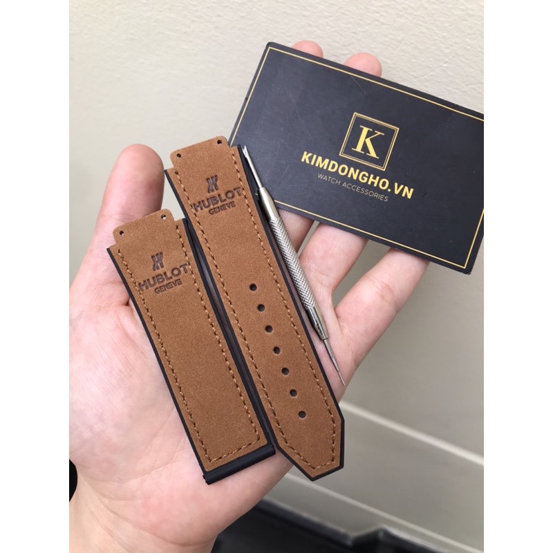 Dây đồng hồ Hublot nam da lộn màu nâu vàng size 42 tặng kèm đồ thay dây
