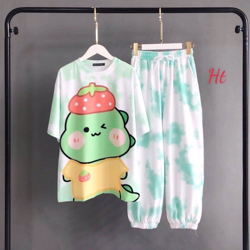 bộ thun loang màu quần jogger chun gấu in khùng Long xanh ht