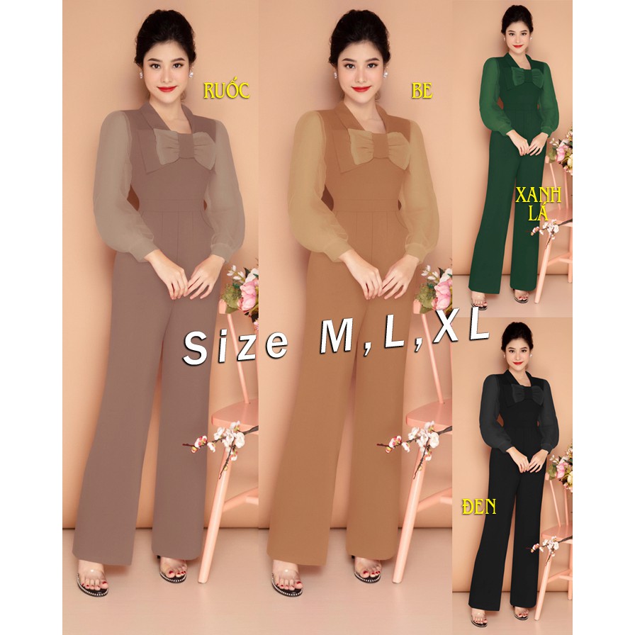 Jumpsuit đồ bay dài ống suông tay phối vải chiffon cổ nơ xinh xắn J975