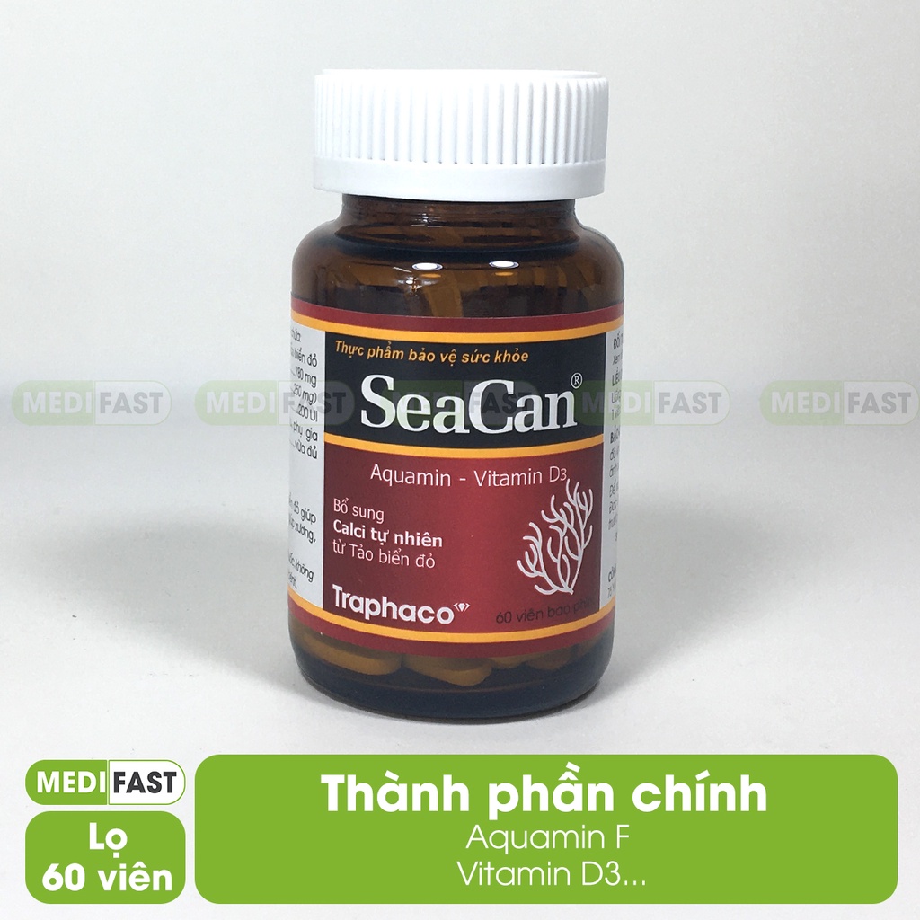 Bổ sung canxi từ tảo biển Seacan - Lọ 60 viên - giảm loãng xương, tăng chiều cao Chính hãng Traphaco