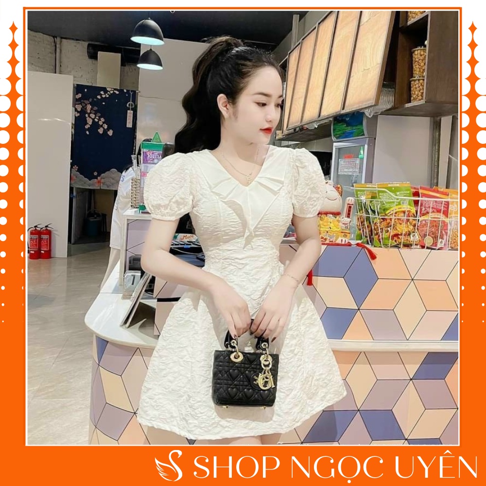 VÁY GẤM - ĐẦM GẤM HOA NỔI CỔ BÈO TRỄ VAI TIỂU THƯ SANG CHẢNH DỰ TIỆC SẴN MÚT NGỰC - NGỌC UYÊN STORE