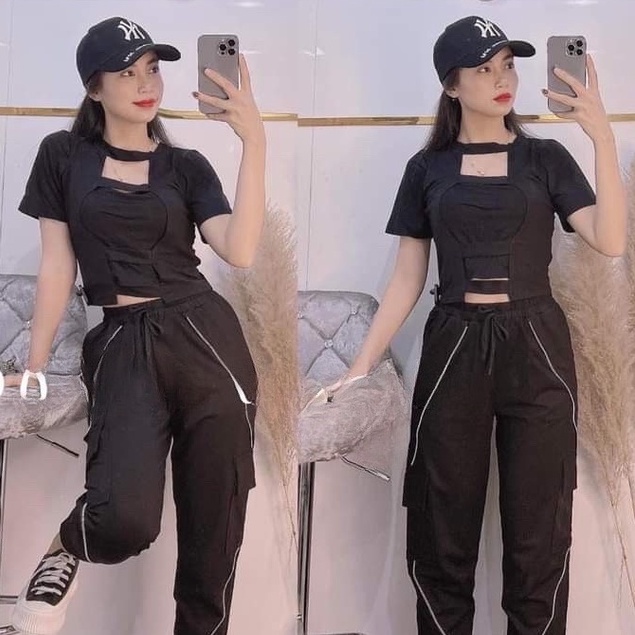 Áo Croptop Nữ GAHIKHA Có Lớp Yếm Giả Chất Cotton Kết Hợp Quần Dài Mẫu Basic Gấu Bản To Đính Cúc