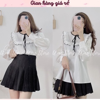 [Ảnh thật] Áo sơ mi trắng Babydoll tiểu thư dài tay cổ bèo viền ren kèm nơ đen Áo babydoll nàng thơ