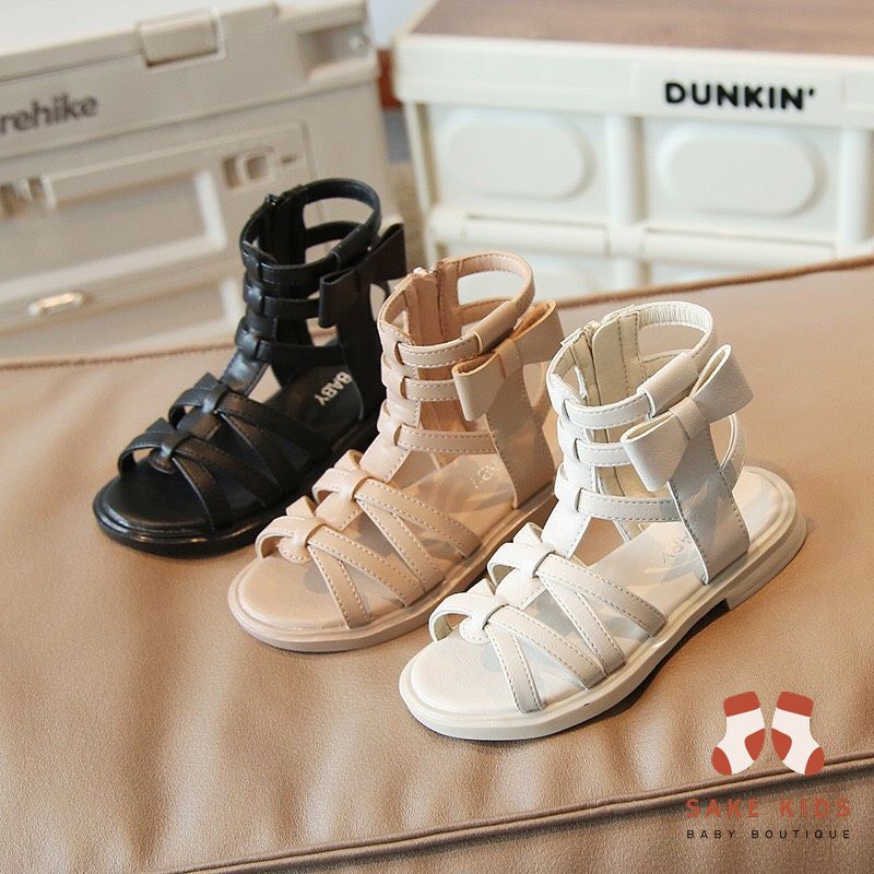 Giày chiến binh bé gái cao cổ quai chéo phối Nơ dễ thương khóa kéo chất da PU siêu mềm phong cách Hàn Quốc MG6001