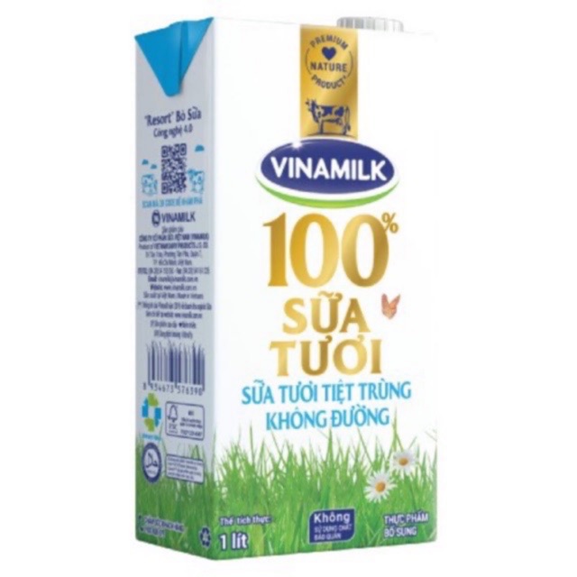 Sữa tươi tiệt trùng Vinamilk 100% Không đường Hộp giấy 1 lít