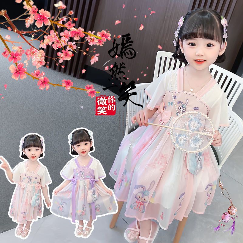 Đầm Hán Phục Thêu Hình Thỏ Phong Cách Trung Hoa Mới Cho Bé Gái