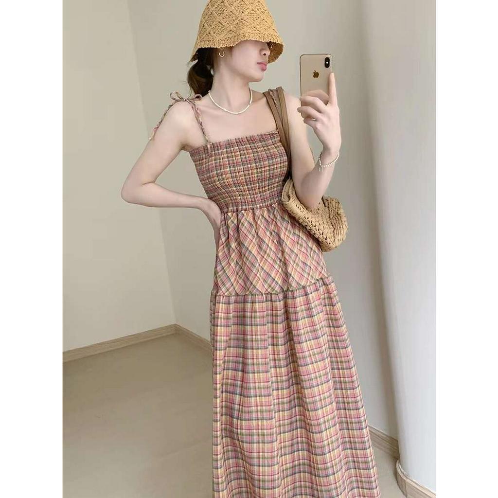 Váy kẻ  hottrend EMIX, đầm 2 dây 2s phong cách Trung Quốc, dáng dài midi chữ A chất thô boil 1959