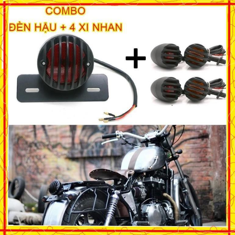 Combo gồm đèn hậu lưới có sẵn pad gắn biến số và 4 xi nhan lưới độ xe Cafe racer Tracker