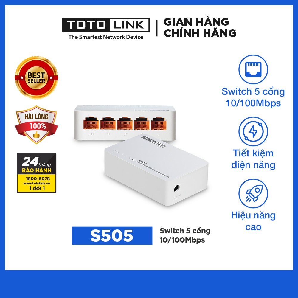 Switch 5 cổng 10/100Mbps TOTOLINK S505 Bộ chia mạng cho máy tính bàn PC Laptop dễ sử dụng Hàng chính hãng