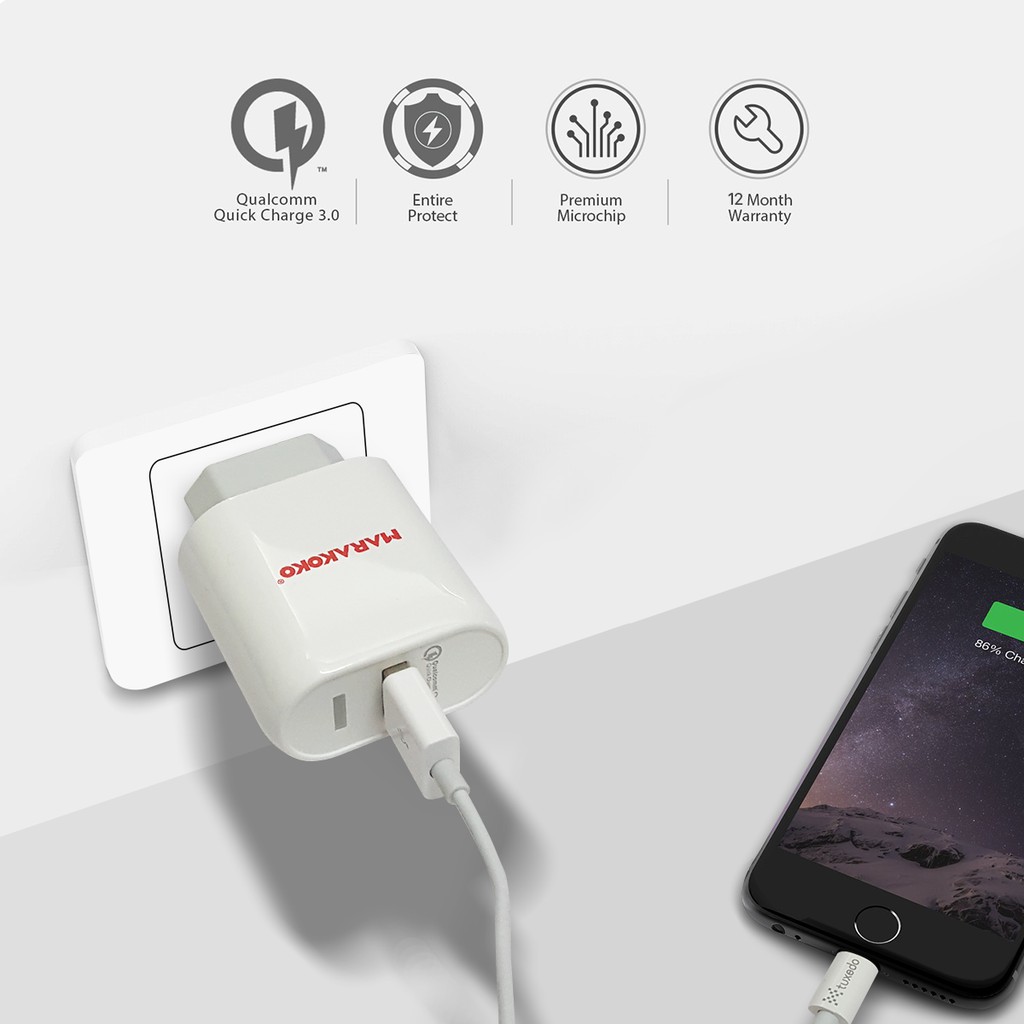 Sạc nhanh Quick Charge 3.0 Marakoko MA15, công suất 18W chân tròn, cao cấp