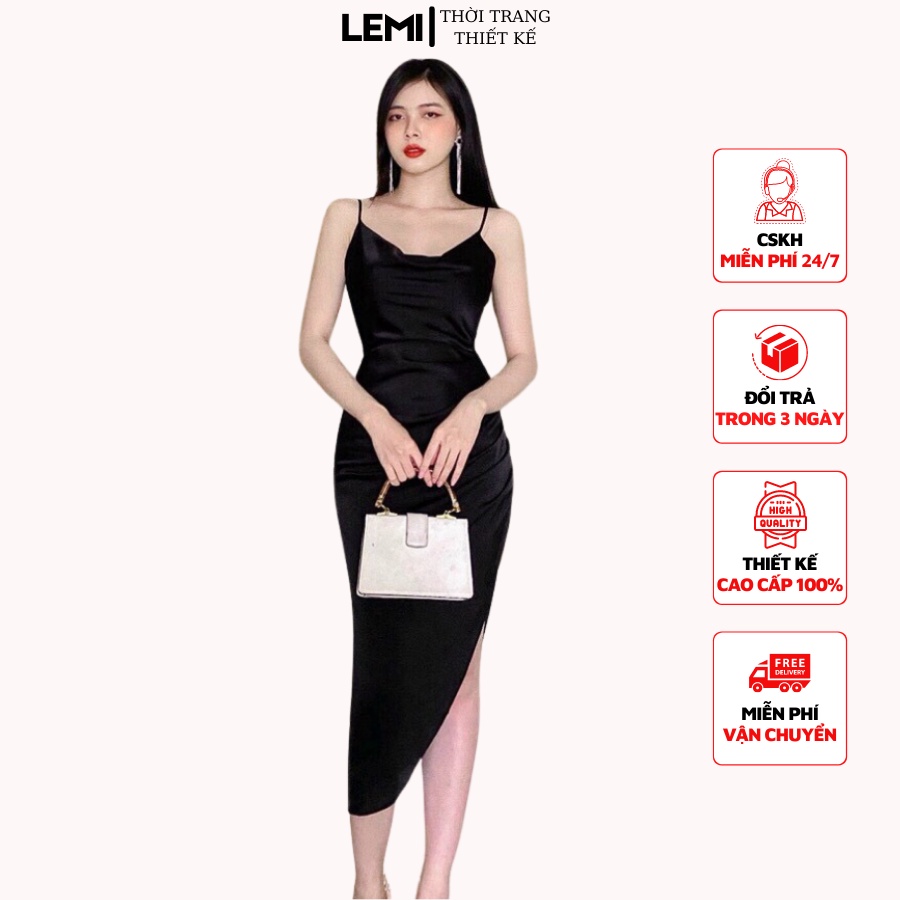 Váy body chất liệu lụa cao cấp, Đầm body sexy may kỹ size SML màu đỏ đen, Đầm dự tiệc dáng dài 2 dây xẻ taf sang trọng