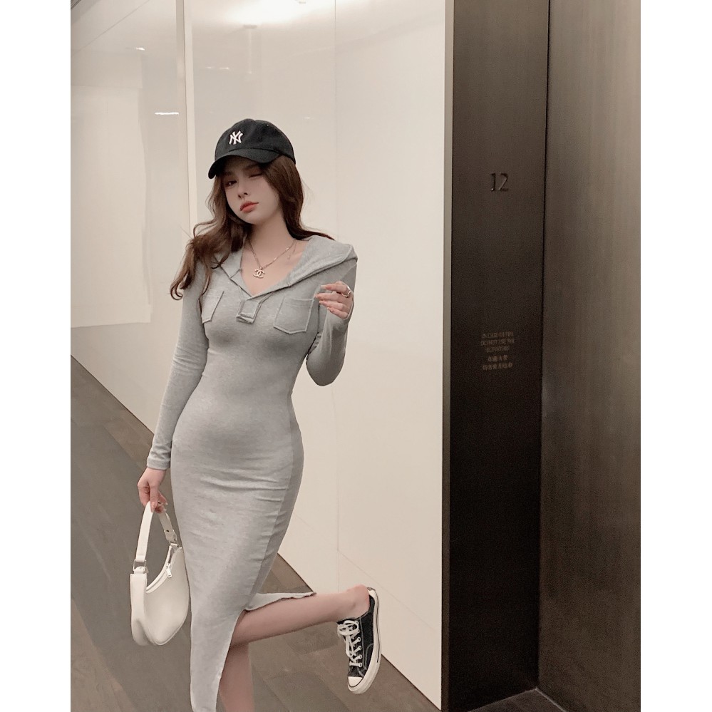 Váy body nữ dài tay có mũ trùm đầu thiết kế ôm sát phong cách gợi cảm khí chất hàng Quảng Châu thu đông