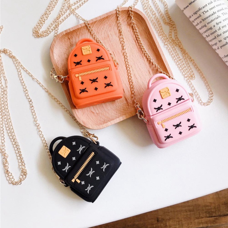 Vỏ silicon đựng hộp sạc tai nghe không dây Bluetooth thiết kế balo thời trang phối sợi xích kim loại cho AirPods 1 2