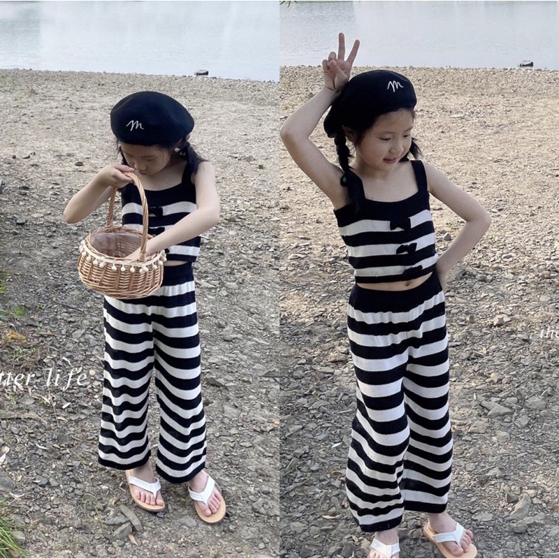 Bộ sọc ngang 3 nơ quần sớ cho bé gái