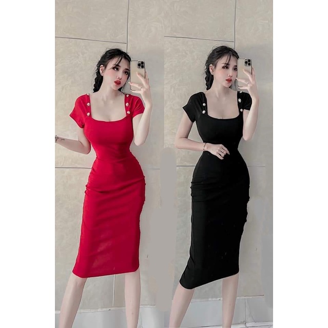 Đầm ôm body cổ vuông có nút vai tay ngắn chất thun lên form ôm dáng cực kì, váy body nữ tay ngắn form dài MIDORI247